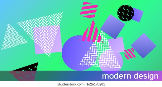 Futuristic retro 3D geometric design.  Minimal universal banner templates in memphis style. Minimalistic green background design with dynamic shapes. Vector illustration.