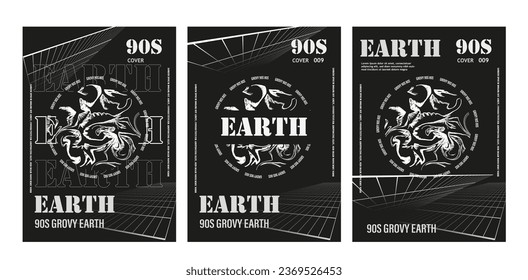 Futuristic retro brutalism style Posters and strange wireframe template y2k geometric element for streetwear