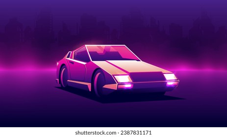 Vista frontal de un coche retro futurista sobre un fondo de neón en una velada borrosa.