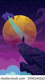 Futuristic retro cliff, spaceship taking off. Clouds, purple night sky, yellow planet in background.