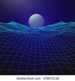 Futuristic retro design. 80s year style. Digital Landscape with rising planet on horizon. Vector Illustration.