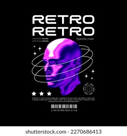 Futuristic retro design with colorful cyborg head elements. Print for screen printing or streetwear t-shirts.