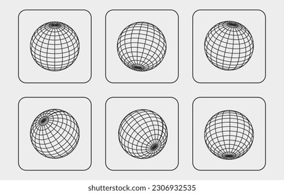 Futuristic retro geometry design elements set. Brutalism sphere vector shapes. Geometry wireframe grid symbol