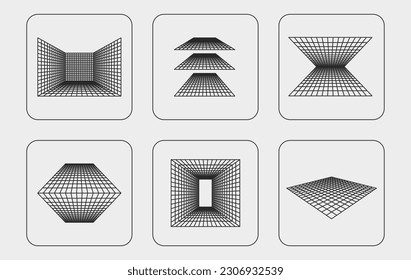 Futuristische Retrogeometrie-Designelemente. Brutalismus, Vektorsymbol. Visualisierung der Gravitation in Perspektiven