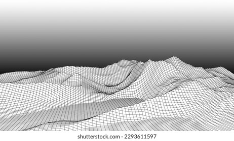 Futuristische Retro-Farbverlauf-Landschaft, schwarz-weißer Sonnenuntergang. Digitaler, moderner Hintergrund der 80er Jahre. Neon Berge. Visualisierung großer Daten. Vektorgrafik.