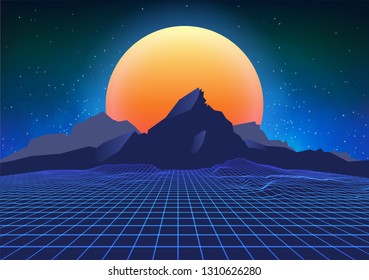 Futuristic retro landscape of the 80`s. Abstract illustration of sun with mountains. Digital retro cyber surface. Wireframe landscape background