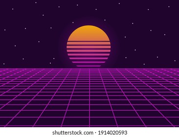 Futuristic retro landscape of the 80s. background. Neon geometric synthwave grid, light space with setting sun abstract cyberpunk design purple 80s disco fantastic. Vector illustration