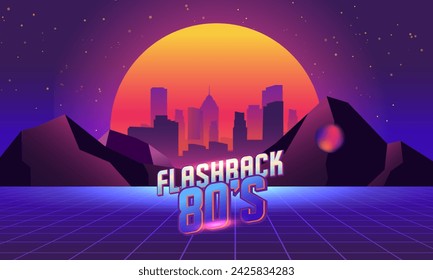 Futuristic retro landscape of the 80`s. Digital retro landscape cyber surface. Digital Retro Cyber Surface. Retro 80s fashion Sci-Fi Background Summer Landscape.