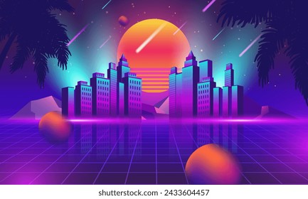 Futuristische Retro-Landschaft der 80er Jahre. Digitale Retro-Landschaft Cyber-Oberfläche. In: Digital Retro Cyber Surface. Retro 80er Jahre Mode Sci-Fi Hintergrund Sommer Landschaft.