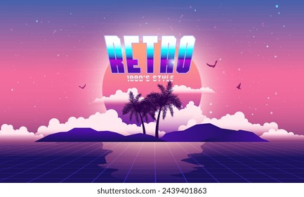 Futuristic retro landscape of the 80`s. Digital retro landscape cyber surface. Digital Retro Cyber Surface. Retro 80s fashion Sci-Fi Background Summer Landscape.