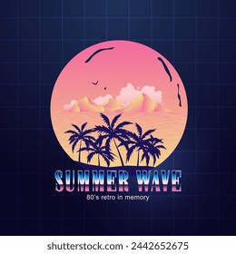 Futuristic retro landscape of the 80`s. Digital retro landscape cyber surface. Digital Retro Cyber Surface. Retro 80s fashion Sci-Fi Background Summer Landscape.