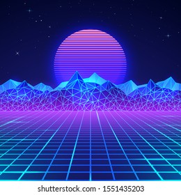 Futuristic retro landscape of the 80`s in neon colors. Sun with mountains in retro style. Digital retro cyber surface. Vector illustration