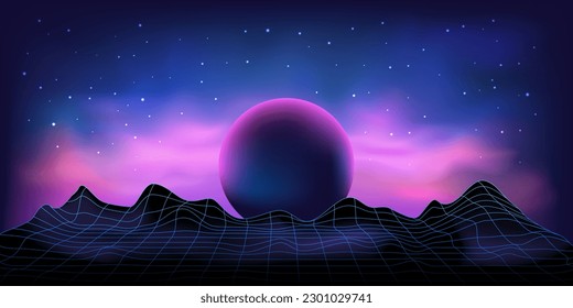 Futuristic retro landscape in 80s style. Polygon map of the area. Cyberspace. Abstract digital neon background. Digital vector illustration. Retro. Space sky and planet surface.
