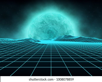 Futuristic retro landscape of the 80's. Vector futuristic illustration of planets with mountains in retro style. Digital retro-cyber-surface. Suitable for design in the 1980s.