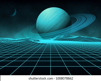 Futuristic retro landscape of the 80's. Vector futuristic illustration of planets with mountains in retro style. Digital retro-cyber-surface. Suitable for design in the 1980s.