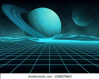 Futuristic retro landscape of the 80's. Vector futuristic illustration of planets with mountains in retro style. Digital retro-cyber-surface. Suitable for design in the 1980s.