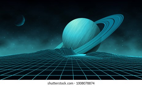 Futuristic retro landscape of the 80's. Vector futuristic illustration of planets with mountains in retro style. Digital retro-cyber-surface. Suitable for design in the 1980s.
