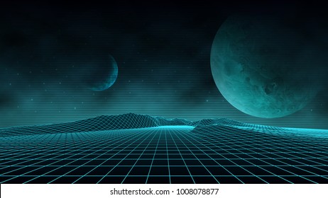 Futuristic retro landscape of the 80's. Vector futuristic illustration of planets with mountains in retro style. Digital retro-cyber-surface. Suitable for design in the 1980s.