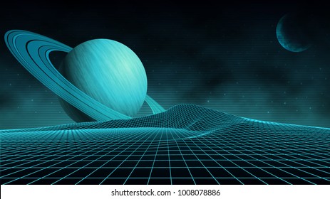 Futuristic retro landscape of the 80's. Vector futuristic illustration of planets with mountains in retro style. Digital retro-cyber-surface. Suitable for design in the 1980s.