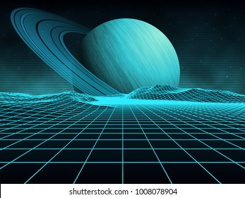 Futuristic retro landscape of the 80's. Vector futuristic illustration of planets with mountains in retro style. Digital retro-cyber-surface. Suitable for design in the 1980s.