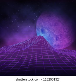 Futuristic retro landscape of the 80's. Vector futuristic illustration of planets with mountains in retro style. Digital retro-cyber-surface. Suitable for design in the 1980s.
