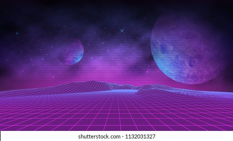 Futuristic retro landscape of the 80's. Vector futuristic illustration of planets with mountains in retro style. Digital retro-cyber-surface. Suitable for design in the 1980s.