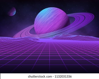 Futuristic retro landscape of the 80's. Vector futuristic illustration of planets with mountains in retro style. Digital retro-cyber-surface. Suitable for design in the 1980s.