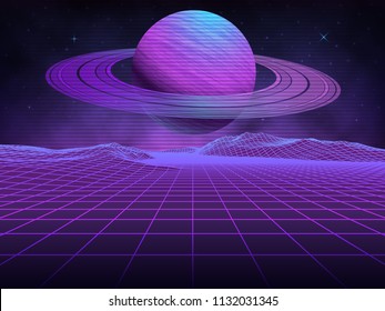 Futuristic retro landscape of the 80's. Vector futuristic illustration of planets with mountains in retro style. Digital retro-cyber-surface. Suitable for design in the 1980s.