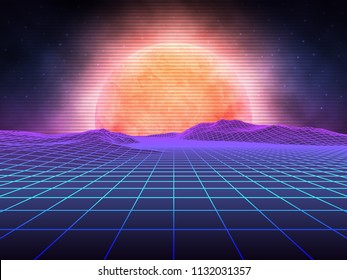 Futuristic retro landscape of the 80's. Vector futuristic illustration of planets with mountains in retro style. Digital retro-cyber-surface. Suitable for design in the 1980s.