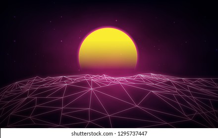 Futuristic retro landscape of the 80`s. Vector futuristic illustration of sun  retro style. Digital Retro Cyber Surface. Suitable for design in the style of the 1980`s.