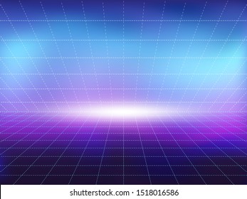 Futuristic retro landscape of the 80`s. Vector digital cyber surface. Futuristic sci-fi cosmic virtual reality gaming abstract background or retro music album cover. Neon 3d laser grid.