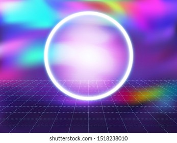 Futuristic retro landscape of the 80`s. Vector digital cyber surface. Futuristic sci-fi cosmic virtual reality gaming abstract background. Neon 3d laser grid. Synthwave style, aesthetics of 80s-90s.