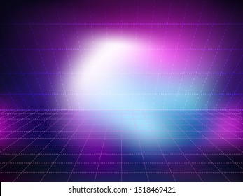 Futuristic retro landscape of the 80`s. Vector digital cyber surface. Futuristic sci-fi cosmic virtual reality gaming abstract background or retro music album cover. Neon 3d laser grid.