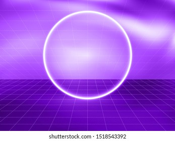 Futuristic retro landscape of the 80`s. Vector digital cyber surface. Futuristic sci-fi cosmic virtual reality gaming abstract background. Neon 3d laser grid. Synthwave style, aesthetics of 80s-90s.