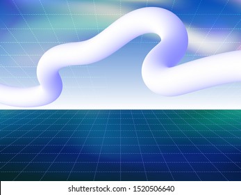 Futuristic retro landscape of the 80`s. Vector digital cyber surface. Futuristic sci-fi cosmic virtual reality gaming abstract background or retro music album cover. Neon laser grid, curve fluid shape
