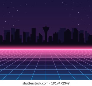 Futuristic retro landscape of the 80`s. Vector futuristic illustration with buildings in retro style. Digital Retro Cyber Surface. Suitable for design in the style of the 1980`s.