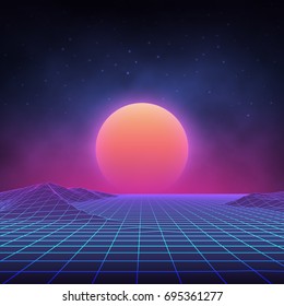 Futuristic retro landscape of the 80`s. Vector futuristic illustration of sun with mountains in retro style. Digital Retro Cyber Surface. Suitable for design in the style of the 1980`s.
