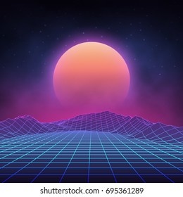 Futuristic retro landscape of the 80`s. Vector futuristic illustration of sun with mountains in retro style. Digital Retro Cyber Surface. Suitable for design in the style of the 1980`s.
