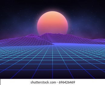 Futuristic retro landscape of the 80`s. Vector futuristic illustration of sun with mountains in retro style. Digital Retro Cyber Surface. Suitable for design in the style of the 1980`s.
