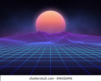 Futuristic retro landscape of the 80`s. Vector futuristic illustration of sun with mountains in retro style. Digital Retro Cyber Surface. Suitable for design in the style of the 1980`s.
