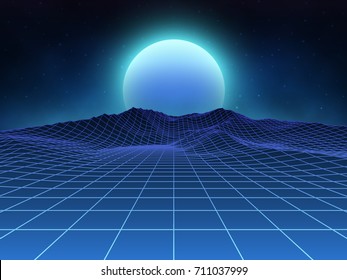 Futuristic retro landscape of the 80's. Vector futuristic illustration of sun with mountains in retro style. Digital Retro Cyber Surface. Suitable for design in the style of the 1980's.
