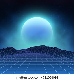 Futuristic retro landscape of the 80's. Vector futuristic illustration of sun with mountains in retro style. Digital Retro Cyber Surface. Suitable for design in the style of the 1980's.
