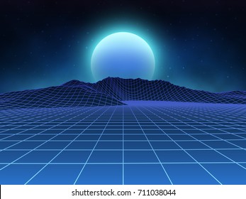 Futuristic retro landscape of the 80's. Vector futuristic illustration of sun with mountains in retro style. Digital Retro Cyber Surface. Suitable for design in the style of the 1980's.
