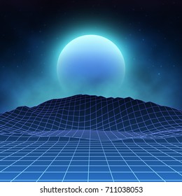 Futuristic retro landscape of the 80`s. Vector futuristic illustration of sun with mountains in retro style. Digital Retro Cyber Surface. Suitable for design in the style of the 1980`s.
