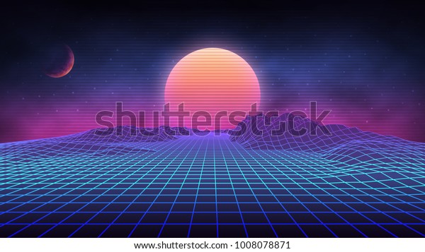 Futuristic retro landscape of the 80`s. Vector\
futuristic illustration of sun with mountains in retro style.\
Digital Retro Cyber Surface. Suitable for design in the style of\
the 1980`s.