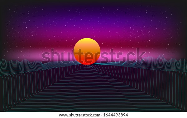 Futuristic retro landscape of the 80`s.  Vector\
futuristic illustration of sun with mountains in retro style. \
Digital Retro Cyber ​​Surface.  Suitable for design in the style of\
the 1980`s. EPS 10