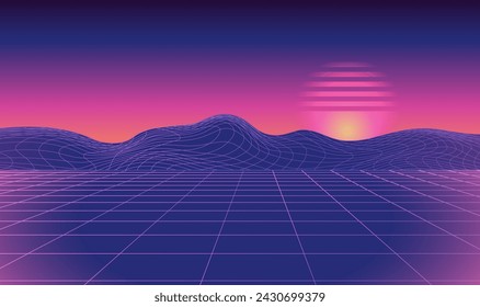 Futuristic retro landscape with flat grid and mountains. Vector futuristic illustration in retro 80s style. Digital Retro Cyber Surface. Suitable for design in the style of the 1980s.