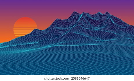 Futuristic retro landscape with sunset on horizon. Digital style background of the 1980s. Blue neon mountains. Big Data visualization. Vector illustration.