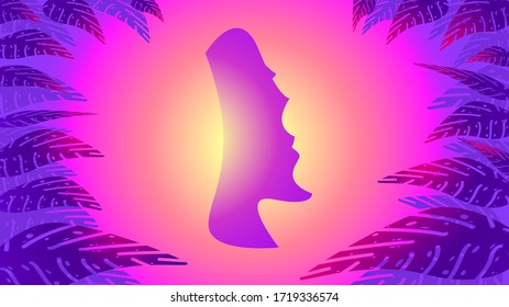 Futuristic retro light sunset with Moai head. Exotic leaves around illustration.