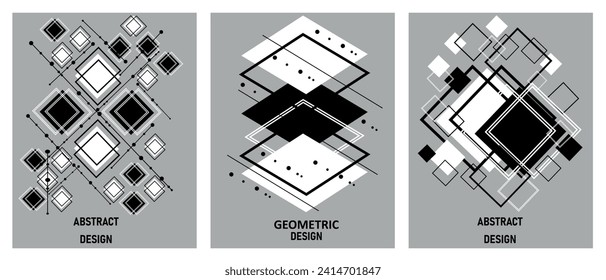 Futuristic retro minimalist posters with 3D triangular shapes, geometric shapes forming graphics, modern design, fashion style inspired by brutalism. Vector.